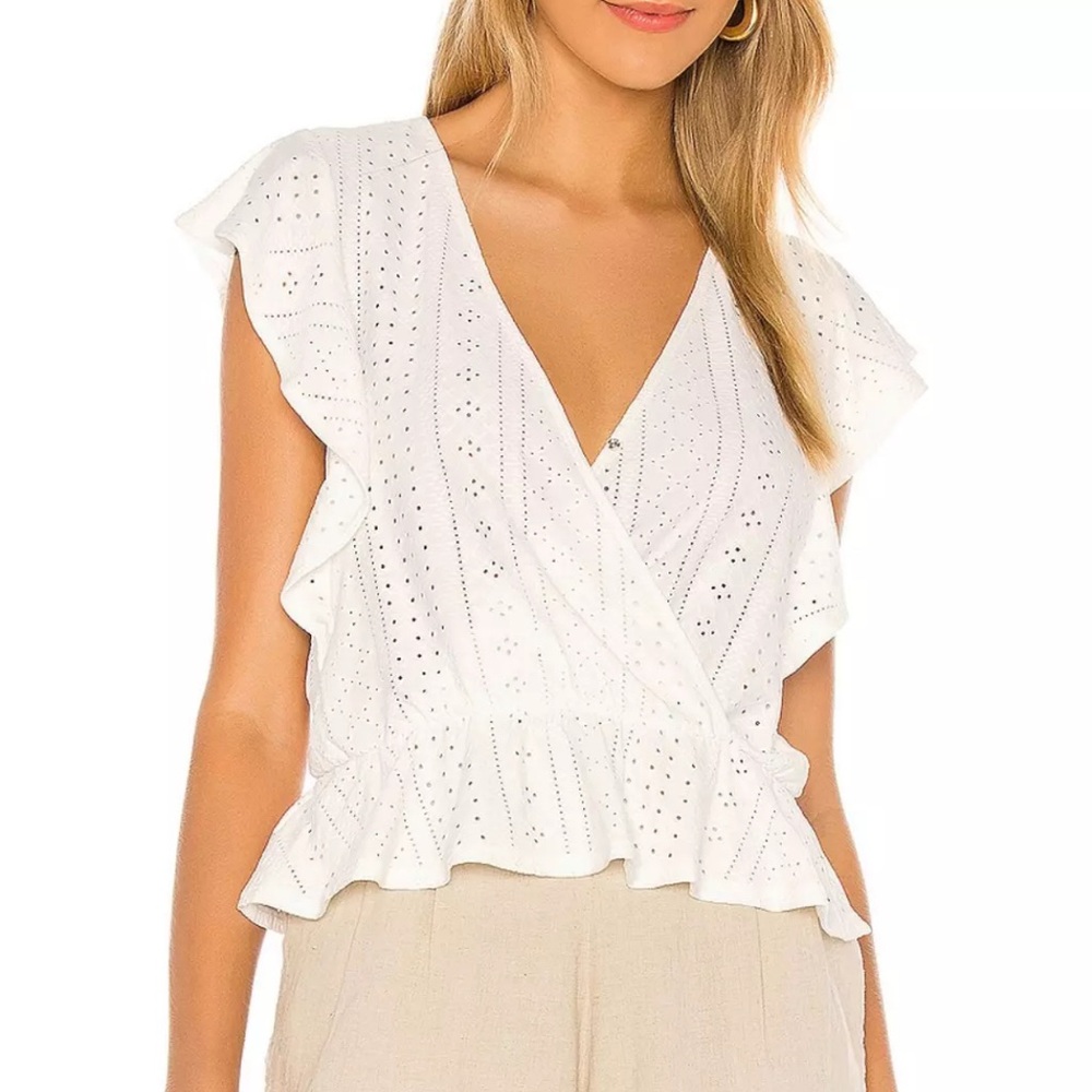 BCBG Surplice Ruffle Sleeve Knit Eyelet Top Optic White size M romantic boho